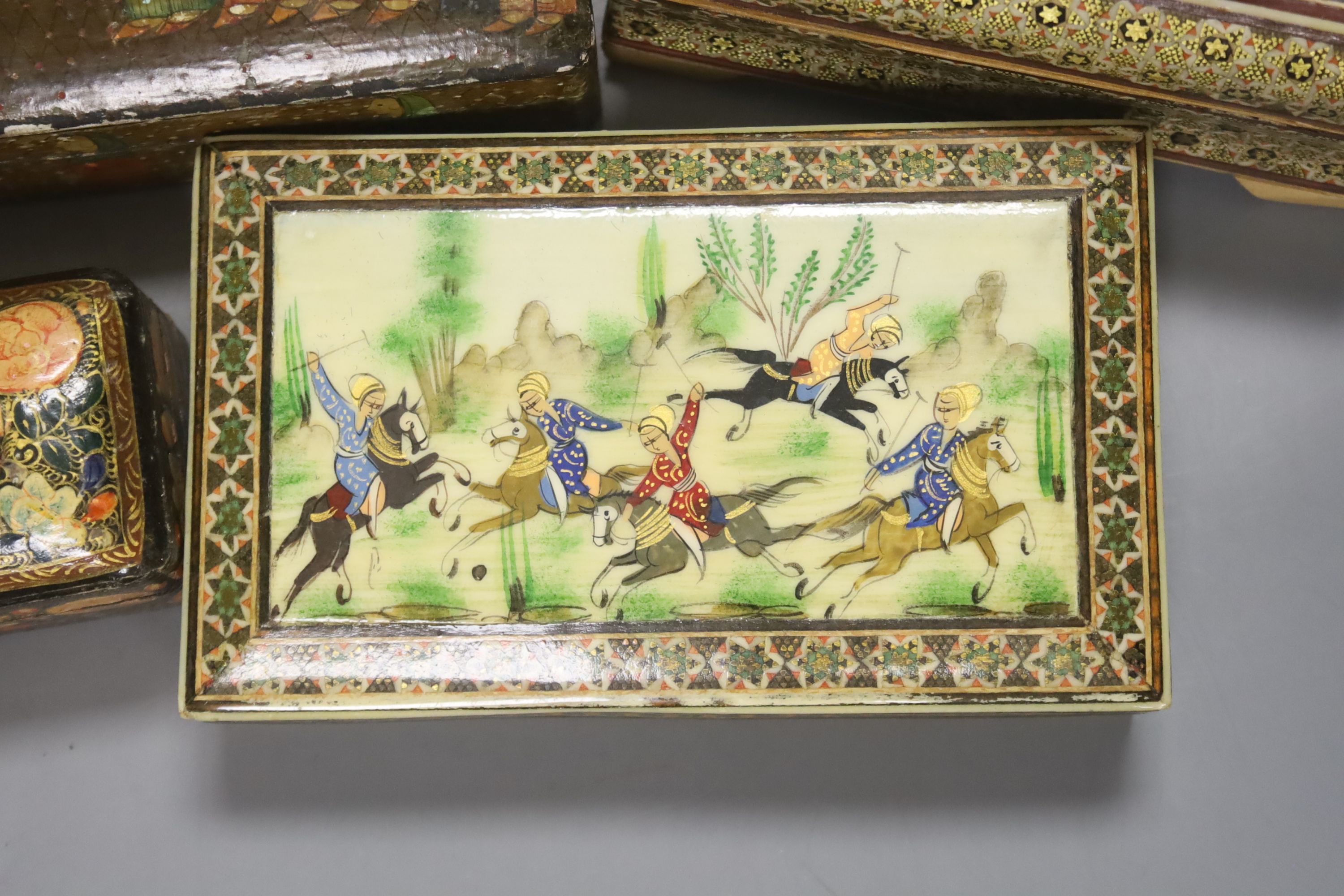 Four Persian painted lacquer boxes and four others